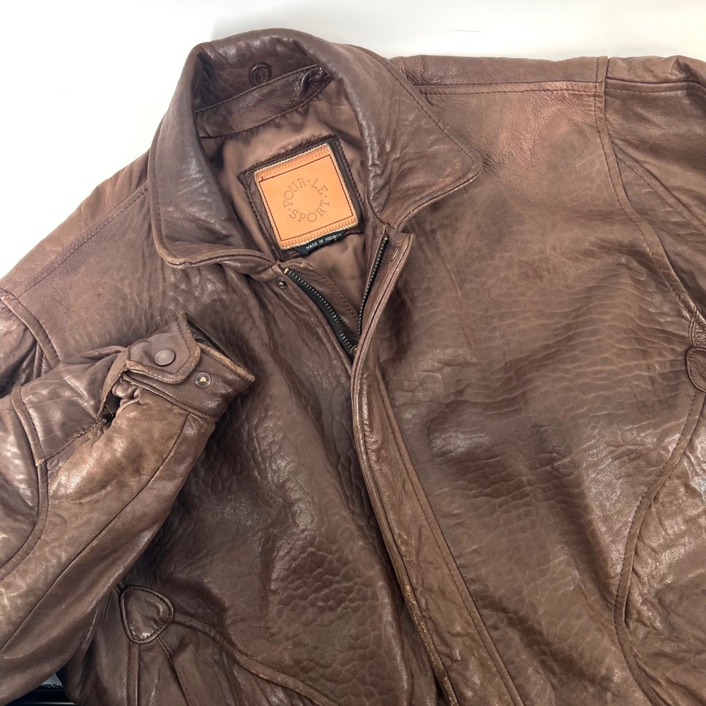 Pour Le Sport Mens Brown Leather Bomber Jacket Distressed Vintage M/L